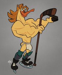 1boy 87octane anthro ass avian beak biceps big_muscles blonde_hair bulge disney duck feather_hair hockey_stick jockstrap male manly mighty_ducks muscular nosedive_flashblade orange_beak skates solo topless yellow_feathers