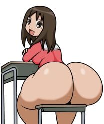 1girls ass ass_focus azumanga_daiou big_ass big_butt bottom_heavy bottomless breasts brown_hair bubble_butt butt_crack butt_focus casual_exposure clothing dat_ass desk fat_ass female female_only hi_res high_resolution highres jutsapostion large_ass legs looking_at_viewer looking_back massive_thighs matching_hair/eyes medium_hair open_mouth osaka_ayumu_kasuga sailor_collar school_uniform serafuku shirt_only silly simple_background sitting smiling solo tagme thick_thighs white_background