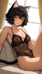 ai_generated bankonit black_hair cat_ears catgirl leaning_back lingerie medium_breasts nipple_piercing nipples nipples_visible_through_clothing original_character short_hair smile stable_diffusion tail yellow_eyes