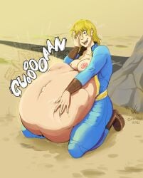 1girls belly belly_bulge big_belly breasts fallout female female_pred huge_belly nipples ona-yowl same_size_vore stomach_deformation vault_suit vore