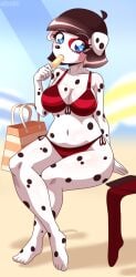 2024 alfa995 anthro bag beach blue_eyes bra brown_hair canid canine canis colette_(alfa995) dalmatian hair heart heart-shaped_pupils hi_res invisible_chair looking_at_viewer navel panties popsicle red_bra short_hair sitting suggestive thick_thighs