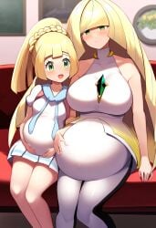 2girls ai_generated ai_hands bad_anatomy big_belly big_breasts blonde_hair double_pregnancy green_eyes lillie_(pokemon) lusamine_(pokemon) milf mother_and_daughter novelai pokemon pregnant pregnant_mother_and_daughter small_breasts