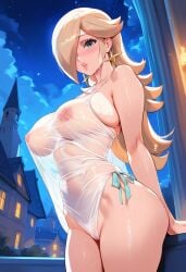 2d ai_generated big_breasts blonde_hair castle clothing female female_focus female_only hair_over_one_eye hellblueboy4 mario_(series) medium_breasts night nipples nipples_visible_through_clothing princess_rosalina see-through see-through_clothing solo solo_female solo_focus super_mario_galaxy tagme wet_clothes wet_clothing