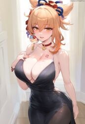 1girls ai_generated bangs bare_shoulders black_choker black_dress blonde_hair blush breasts chest_tattoo choker clavicle cleavage clothing covered_navel curvaceous curvaceous_female curvaceous_figure curvy curvy_figure dress female female_focus female_only flower_tattoo genshin_impact hair_between_eyes hair_ornament hydrolis999 indoors inviting inviting_to_sex jewelry large_breasts long_hair looking_at_viewer open_mouth pantyhose ponytail presenting presenting_breasts red_choker seductive seductive_look seductive_smile side_slit smile solo tattoo thighs tied_hair tight voluptuous voluptuous_female yellow_eyes yoimiya_(genshin_impact)