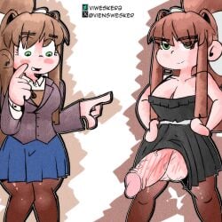 1futa 1girls aged_up balls big_balls big_penis black_dress blushed bottomless breasts brown_hair clothed clothing doki_doki_literature_club duo erection female fully_clothed futanari green_eyes huge_cock human light-skinned_female light-skinned_futanari light_skin monika_(doki_doki_literature_club) mostly_clothed penis self_upload smiling_at_viewer socks standing thick_thighs vi_wesker white_background