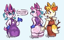 anthro anthrofied ass backsack balls big_butt braixen butt_grab cleavage_cutout clothed clothing clothing_lift crossdressing cutout dress dress_lift duo ear_piercing ear_ring eeveelution english_text generation_6_pokemon genitals hand_on_butt hi_res kiss_mark lyraarts male male/male nintendo piercing pokemon pokemon_(species) pokemorph profanity ring_piercing sylveon text