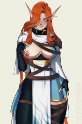 1girls biting_lip cleavage elf high_elf nnerocchi one_breast_out orange_hair standing warcraft world_of_warcraft