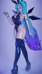 3d 3d_(artwork) arm_bracelets big_breasts blue_hair bracelet bunny_girl bunny_tail bunnysuit earrings female heel_boots high_heel_boots high_heels k/da_all_out_seraphine k/da_all_out_series k/da_series league_of_legends league_of_legends:_wild_rift long_hair panty_pull platform_heels posing riot_games seraphine_(league_of_legends) sfrinzy slim slim_waist solo solo_female solo_focus thick_thighs thighhighs thighs tie tie_between_breasts wedge_heels