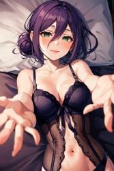 1girls ai_generated artist_request big_breasts black_panties blush bra breasts chainsaw_man clothing female_focus female_only green_eyes hair_between_eyes lingerie mommy navel panties purple_hair reze_(chainsaw_man) short_hair