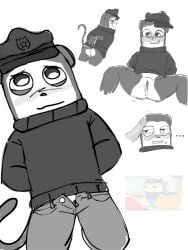 anthro blush cum cuntboy gegagedigedagedago handcuffs max_(max_design_pro) max_design_pro monkey nugget_(max_design_pro) police_uniform