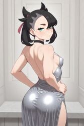 1female 1girls 1human 1woman ai ai_generated ass back_view back_view_female beautiful beautiful_body black_hair black_hair_female black_neckwear breasts butt clothed clothed_female clothes clothing dress dressed dressing_room earrings exposed_back female female_only frosting.ai game_freak green_eyes hands_on_hips human human_only light-skinned_female looking_at_viewer looking_back looking_back_at_viewer marnie_(pokemon) neckwear nintendo nipple_outline non-nude one-piece_dress one_piece_dress pokemon pokemon_ss pokemon_sword_and_shield pokemon_trainer seductive seductive_look seductive_smile sequin_dress sequined_dress sexy_clothing sexy_female sexy_pose sexy_woman sfw short_hair silver_clothing silver_dress small_breasts smiling smiling_at_viewer solo standing woman woman_only woman_solo