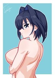 ?eduson back_view blue_hair completely_nude_female hololive hololive_english hololive_english_-council- hololive_english_-promise- light-skinned_female ouro_kronii short_hair sideboob virtual_youtuber