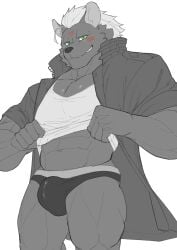 abs anthro briefs bulge clothed clothing clothing_lift eggplant_nacl hi_res hyena jacket lifewonders male mammal muscular muscular_anthro muscular_male nyarlathotep_(tas) shirt shirt_lift solo tokyo_afterschool_summoners topwear underwear