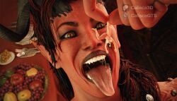 2girls 3d baldur's_gate_3 calisca3d dungeons_and_dragons food giantess gts karlach mouth naked nudity open_mouth predator predator/prey prey saliva saliva_string shadowheart snack spit teeth tongue uvula vore yuri