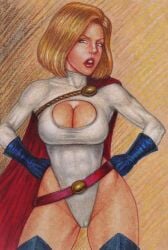 blonde_hair blue_eyes busty cape cleavage cleavage_cutout dc dc_comics edithemad female female_focus female_only gloves hourglass_figure leotard makeup power_girl short_hair standing superman_(series) tagme thigh_boots thong_leotard wide_hips