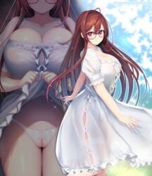 ahoge arima_senne breasts brown_hair cleavage dress female glasses hair_between_eyes kashiwamochi_yomogi large_breasts lifting_own_clothes long_hair looking_at_viewer navel original panties pussy red_eyes see-through short_sleeves solo thigh_strap underwear white_dress