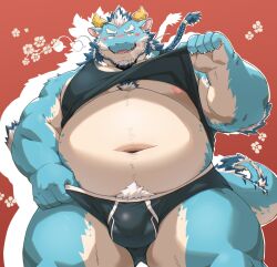 absurd_res anthro belly blue_body blush briefs bulge clothing dragon hi_res kemono lifewonders male male/male musclegut muscular mythological_creature mythological_scalie mythology navel overweight overweight_male qinglong_(tas) scalie slightly_chubby smile solo tail tokyo_afterschool_summoners tulrang underwear white_body