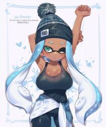 big_breasts black_pants black_tank_top blue_hair breasts cleavage dark_skin green_eyes inkling inkling_girl jinkoika splatoon stretching tank_top thigh_gap