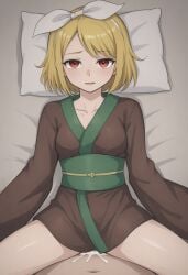 1girls ai_generated clothing covering cum dark_blonde_hair japanese_clothes kimono masa_works_design mjdennsfw oni_to_kitsune_no_hanashi pov red_eyes sex shikyou_amanojaku tired_eyes vaginal_penetration white_hair_bow