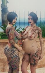 2girls 3d ada_wong ada_wong_(adriana) breasts erojin female goth_girl jill_valentine jill_valentine_(sasha_zotova) nipples pregnant pregnant_belly pregnant_female resident_evil resident_evil_2 resident_evil_2_remake resident_evil_3 resident_evil_3_remake tattoo