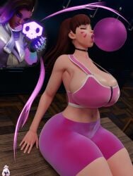 2girls 3d alternate_breast_size asian asian_female big_breasts blizzard_entertainment breast_expansion breasts d.va dark-skinned_female dark_skin female female_only hana_song hispanic hispanic_female korean korean_female lazza_(artist) light-skinned_female light_skin locker_room multiple_girls olivia_colomar overwatch overwatch_2 pink_shorts shorts sombra thick_thighs thighs