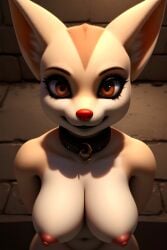 aggressive_retsuko aggretsuko ai_generated areolae big_breasts black_lips breasts brown_eyes canid canine collar creepy eyebrows eyelashes fenneko front_view frosting.ai furry furry_female hi_res high_resolution huge_breasts looking_at_viewer mascara nipples nude nude_female pov red_nose sanrio smile synthneon