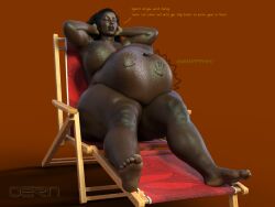 1girls 3d belly big_belly big_breasts breasts dark-skinned_female dark_skin dialogue female huge_belly huge_breasts nipples oern same_size_vore text vore