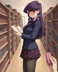 1boy 1girls ai_generated blush breasts female heart heavy_breathing hidden_vibrator holding_book jacket komi-san_wa_komyushou_desu komi_shouko library long_hair looking_at_viewer notreallyhere pantyhose pleated_skirt pov pov_hands purple_eyes purple_hair remote_control remote_control_vibrator school_uniform standing swept_bangs twitching wooden_floor