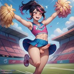 ai_generated black_hair brown_eyes cheering cheerleader cheerleader_outfit cheerleader_uniform cute cute_face femboy femboy_focus femboy_only hypnosis jamie_(osirix) mind_control osirix penis petite petite_femboy petite_male pink_hair pink_highlights pink_streak pom_pom_(cheerleading) pom_poms ponytail stable_diffusion swirly_eyes