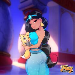 aladdin ass ass blue_panties disney disney_princess fox foxnbox holding_animal holding_pet panties princess_jasmine see-through_clothing see-through_pants smug_face thong