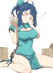 ahoge aqua_dress ass_visible_through_thighs baozi bare_arms bare_legs bare_thighs belly_button_visible_through_clothing big_breasts blue_hair blush breasts china_dress chinese_clothes cleavage closed_eyes closed_mouth clothing_cutout cute eating feet_out_of_frame hair_bun hand_on_own_cheek make_heroine_ga_oo_sugiru! pelvic_curtain sincos sitting smile thighs yanami_anna