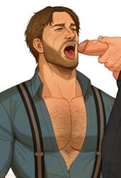 arthur_morgan bara bara_tiddies barazoku boob_window dilf garbancobean gay gay_domination gay_male hairy_chest imminent_blowjob imminent_fellatio imminent_oral looking_up male/male penis_out red_dead_redemption_(series) red_dead_redemption_2 sweatdrop tongue tongue_out unseen_male_face