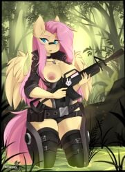 1girls 2019 5_fingers anthro areola blue_eyes breasts breasts_out day detailed_background equid equine feathered_wings feathers female female_only fingers fluttershy_(mlp) forest friendship_is_magic gun hair hasbro hi_res holding_gun holding_object holding_ranged_weapon holding_weapon legs_in_water looking_at_viewer mammal my_little_pony nipples outside partially_submerged pink_hair plant ranged_weapon solo standing submerged_legs submerged_tail tail_in_water teranen tree weapon wings yellow_body yellow_feathers