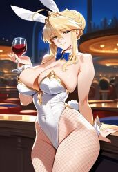 2d ai_generated artoria_pendragon artoria_pendragon_(swimsuit_ruler) big_breasts blonde_hair bunny_ears bunnysuit fate/grand_order fate_(series) female_focus female_only fishnets indoors smile solo solo_female solo_focus tagme wine_glass