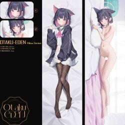 animal_ears aya_(lezon) bed_sheet black_choker black_hair black_hoodie black_jacket black_pantyhose blue_archive blush bob_cut cat_choker cat_ears choker colored_inner_animal_ears colored_inner_hair dakimakura_(medium) extra_ears female flat_chest food-themed_hair_ornament green_sailor_collar hair_ornament halo highres holding holding_pillow hood hooded_jacket hoodie ice_cream_hair_ornament jacket kazusa_(blue_archive) looking_at_viewer lying midriff multicolored_hair multiple_views navel neckerchief nipples nude on_side otakueden1995 pantyhose pillow pink_hair pink_halo pink_neckerchief sailor_collar school_uniform second-party_source serafuku shirt skirt trinity_general_school_logo white_shirt white_skirt