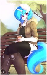 1girls 2017 anthro anthrofied beverage biped black_thighhighs blue_hair boots border breasts clothed clothing cutie_mark detailed_background equid equine eyelashes female female_only footwear friendship_is_magic fully_clothed hair hasbro hi_res horn legwear looking_at_viewer mammal multicolored_hair multicolored_tail my_little_pony open_mouth outdoors outside plant shoes sitting sitting_on_bench smile smiling smiling_at_viewer solo stockings tail teranen thick_thighs thigh_highs thighhighs tree two_tone_hair vinyl_scratch_(mlp) white_border zettai_ryouiki