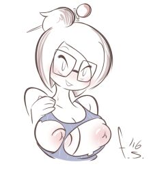 1girls 2016 artist_signature blush breasts female female_focus female_only fernal-scarlet fondly_scarlet glasses large_breasts mei_(overwatch) nipples overwatch short_hair smile solo solo_female solo_focus square_glasses torn_clothes