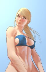 blonde_hair bottomless cleavage erection_under_clothes galaad1800 looking_away medium_breasts metroid samus_aran