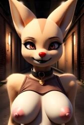 aggressive_retsuko aggretsuko ai_generated areolae big_breasts black_lips breasts brown_eyes canid canine collar creepy eyebrows eyelashes fenneko front_view frosting.ai furry furry_female hi_res high_resolution huge_breasts looking_at_viewer mascara nipples nude nude_female pov red_nose sanrio smile synthneon