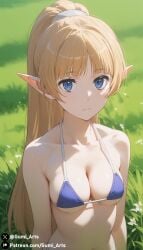 1girls ai_generated bare_shoulders blue_eyes covering_breasts dungeon_ni_deai_wo_motomeru_no_wa_machigatteiru_darou_ka elf elf_ears elf_female elf_girl female female_only gumi_arts lefiya_viridis light-skinned_female long_ears long_hair medium_breasts orange_hair pointy_ears ponytail swimsuit