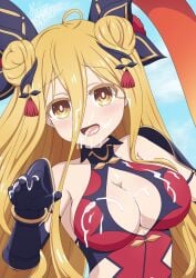 1girls 2d 2d_(artwork) big_breasts blonde_hair breasts cleavage clothed cum_on_body cum_on_breasts date_a_live gloves hoshimiya_mukuro light-skinned_female semen semen_on_breasts vampy_squid yellow_eyes