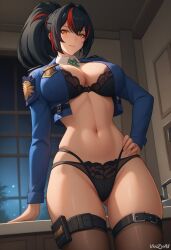 ai_generated big_breasts breasts cleavage cowboy_shot female hi_res lingerie long_hair midriff navel police_uniform ponytail smile thick_thighs thighs vinzyai zenless_zone_zero zhu_yuan