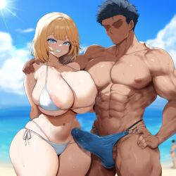 ai_generated ameanon beach bikini blonde_hair blue_eyes boner cleavage erection erection_under_clothes faceless_male hand_on_another's_shoulder hololive hololive_english hololive_myth large_penis mommy muscular_male oblivious precum precum_stain precum_through_clothing sideboob smile swim_briefs tagme thick_thighs underboob virtual_youtuber vtuber watson_amelia white_bikini