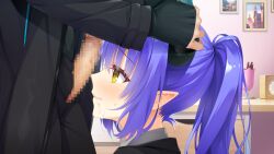 1boy after_fellatio black_pants blue_hair censored cum cum_in_mouth cumdrip facial female game_cg grabbing_another's_horns highres indoors kobuichi kohibari_kurumi long_sleeves mosaic_censoring official_art pants penis pointy_ears ponytail profile short_hair sleeves_past_wrists sley_(tenshi_souzou_re-boot!) solo_focus straight sweatdrop tenshi_souzou_re-boot! yellow_eyes