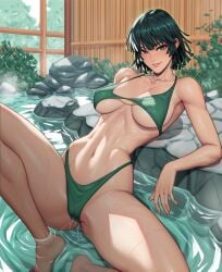 4narch157 ai_generated blush breasts female female_only fubuki_(one-punch_man) green_bikini green_eyes green_hair lying one-punch_man onsen pussy_juice spread_legs steam