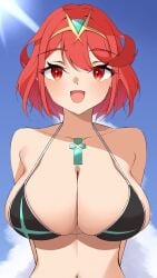 arms_behind_back bikini bikini_top breasts core_crystal female female_only headwear mika_n95 necklace nintendo pyra red_eyes red_hair smile solo string_bikini xenoblade_(series) xenoblade_chronicles_2