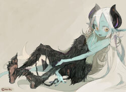 amiami blue_skin drawn horns long_hair monster_girl nude pointy_ears pussy satyr sitting tail yellow_eyes