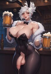 1futa ai_generated battle_bunny_riven beer big_ass big_balls big_breasts big_butt big_penis bunny_ears bunnysuit civitai cum cumming drunk flaccid_penis futa_only futanari huge_breasts huge_cock league_of_legends riven rivenlover thick_thighs white_hair yellow_eyes