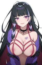 1girls ahoge bare_shoulders big_breasts black_hair braided_hair breasts breasts_out collar covered_nipples dayyo_(daydarion/day-chan) ear_piercing exposed_shoulders harness_bra hi_res highres jacket looking_at_viewer meloco_kyoran nijisanji nijisanji_en purple_eyes purple_hair seductive_eyes seductive_look seductive_smile smiling solo solo_female solo_focus sweater_jacket tattoo tattoo_on_chest three_tone_hair twin_braids upper_body violet_hair virtual_youtuber white_background