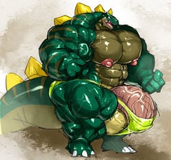 abs anthro biceps bulge claws clothing dinosaur erect_nipples fist flaccid huge_arms hyper hyper_balls hyper_muscles hyper_penis kuroma lizard male male_only mostly_nude muscular nipples open_mouth pecs penis pose quads regin_(kuroma) reptile scalie sharp_teeth simple_background small_head solo speedo spikes swimsuit teeth testicles thick_tail tongue triceps wide_hips